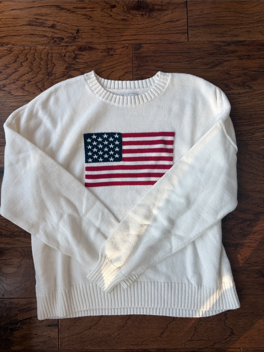 Hollister White Crewneck Sweater with Red & Blue Flag